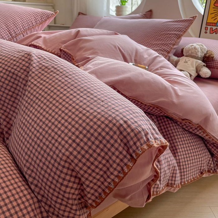 91家纺网 家纺一手货源 找家纺 雅居纺2025新款贝壳边色织水洗棉四件套 豆沙格