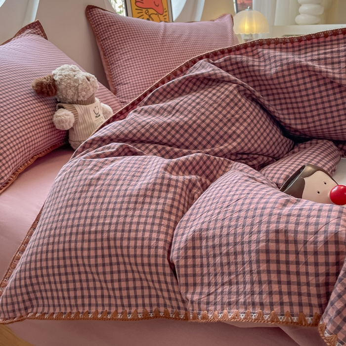 91家纺网 家纺一手货源 找家纺 雅居纺2025新款贝壳边色织水洗棉四件套 豆沙格