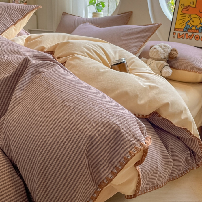 91家纺网 家纺一手货源 找家纺 雅居纺2025新款贝壳边色织水洗棉四件套 豆沙密条