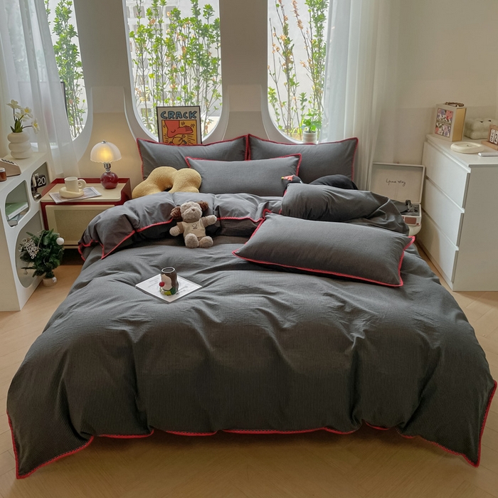 雅居纺2025新款贝壳边色织水洗棉四件套 深灰密条