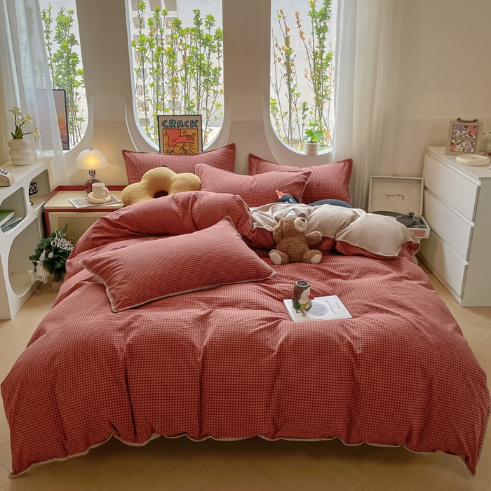 雅居纺2025新款贝壳边色织水洗棉四件套 苏桃红格