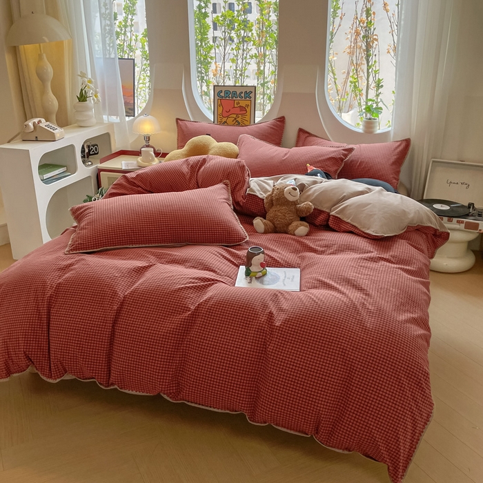 91家纺网 家纺一手货源 找家纺 雅居纺2025新款贝壳边色织水洗棉四件套 苏桃红格