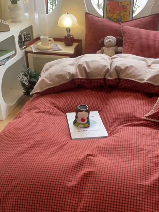 91家纺网 家纺一手货源 找家纺 雅居纺2025新款贝壳边色织水洗棉四件套 豆沙格