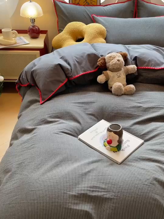 91家纺网 家纺一手货源 找家纺 雅居纺2025新款贝壳边色织水洗棉四件套 灰小格