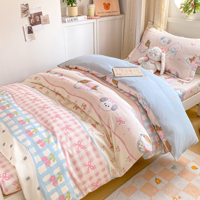 91家纺网 家纺一手货源 找家纺 朵安2025新款全棉印花学生三件套 甜心樱桃狗