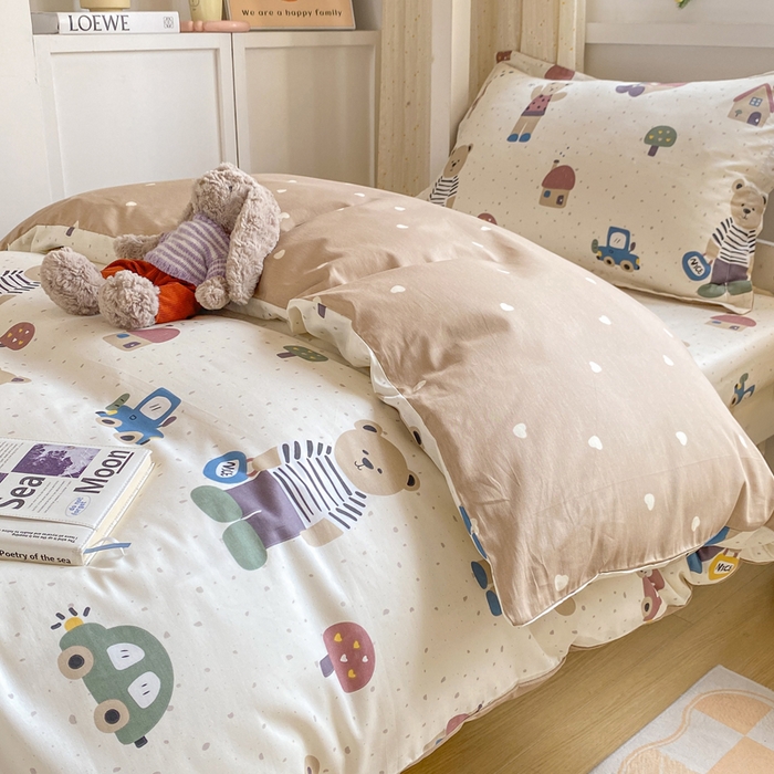 91家纺网 家纺一手货源 找家纺 朵安2025新款全棉印花学生三件套 小熊家园