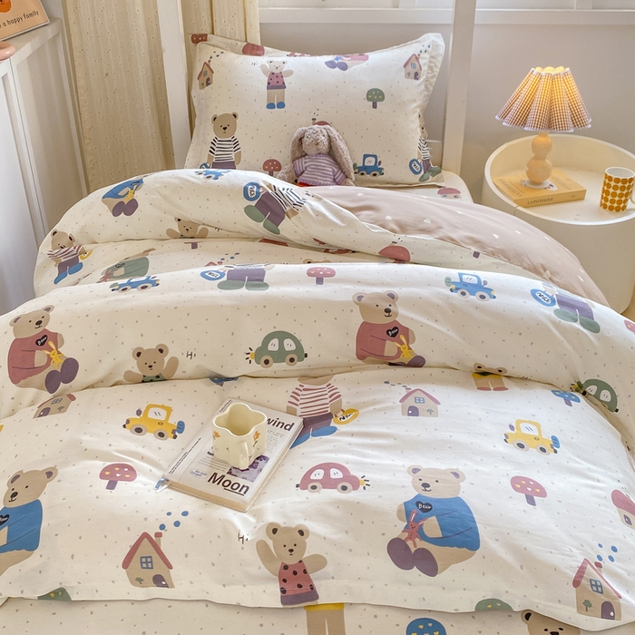 91家纺网 家纺一手货源 找家纺 朵安2025新款全棉印花学生三件套 小熊家园