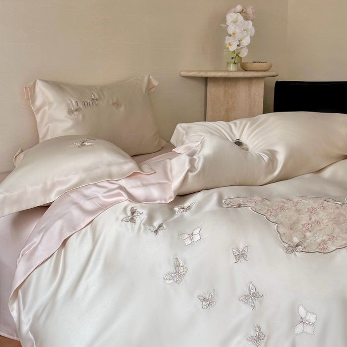 91家纺网 家纺一手货源 找家纺 （总）咏绒家纺2025新款60S奥地利兰精天丝云纱绣花四件套-蝶恋花