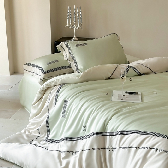 91家纺网 家纺一手货源 找家纺 咏绒家纺2025新款60S奥地利兰精天丝绣花四件套千鸟格-克洛伊 克洛伊-绿