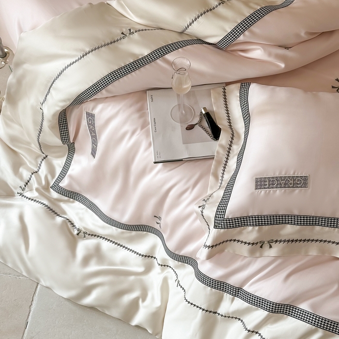 91家纺网 家纺一手货源 找家纺 （总）咏绒家纺2025新款60S奥地利兰精天丝绣花四件套千鸟格-克洛伊