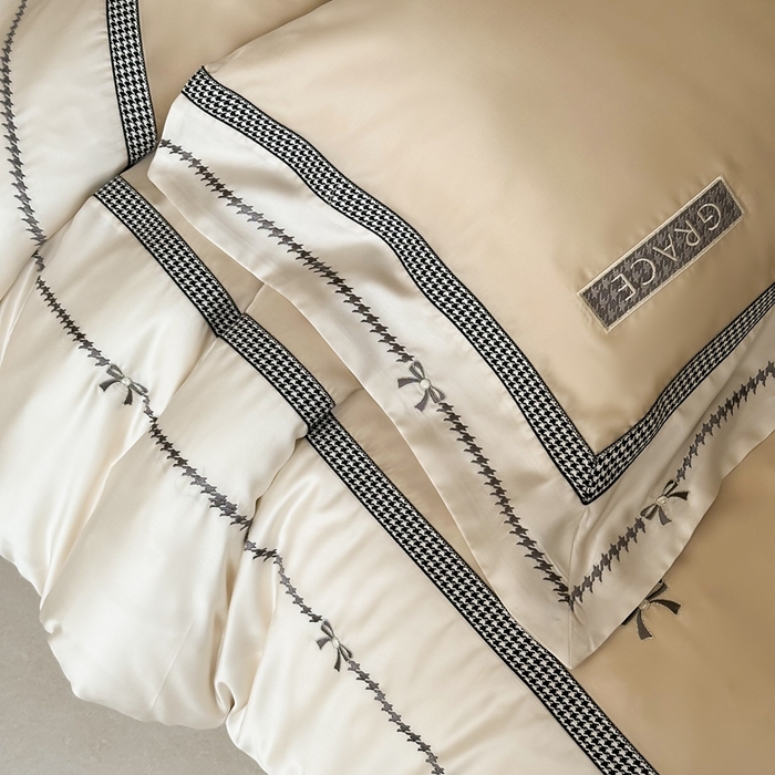 91家纺网 家纺一手货源 找家纺 咏绒家纺2025新款60S奥地利兰精天丝绣花四件套千鸟格-克洛伊 克洛伊-咖