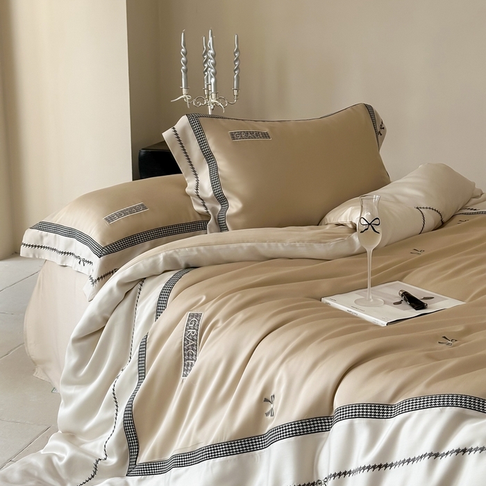 91家纺网 家纺一手货源 找家纺 咏绒家纺2025新款60S奥地利兰精天丝绣花四件套千鸟格-克洛伊 克洛伊-咖