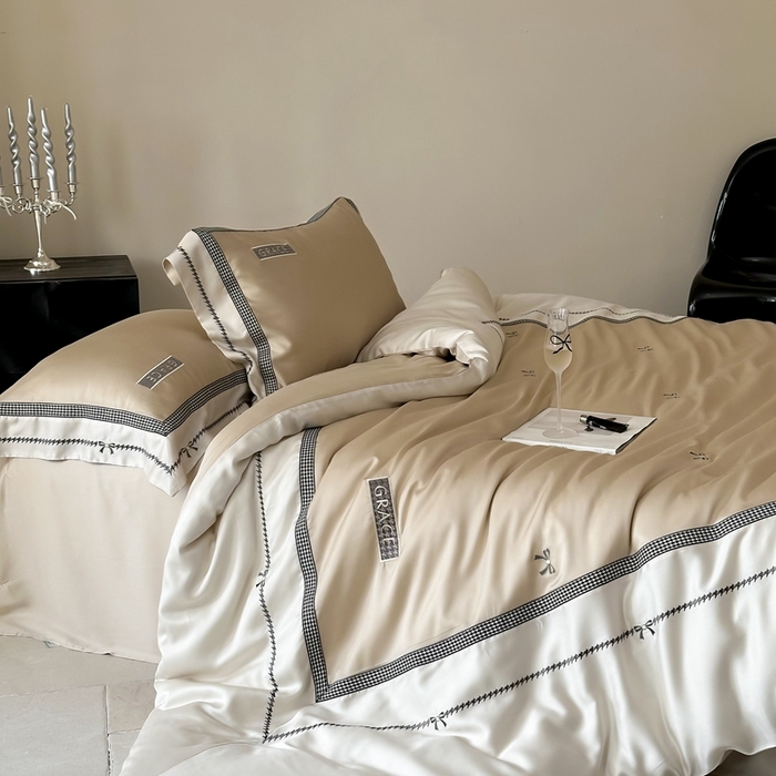 91家纺网 家纺一手货源 找家纺 咏绒家纺2025新款60S奥地利兰精天丝绣花四件套千鸟格-克洛伊 克洛伊-咖