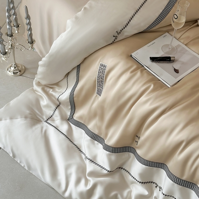 91家纺网 家纺一手货源 找家纺 咏绒家纺2025新款60S奥地利兰精天丝绣花四件套千鸟格-克洛伊 克洛伊-咖