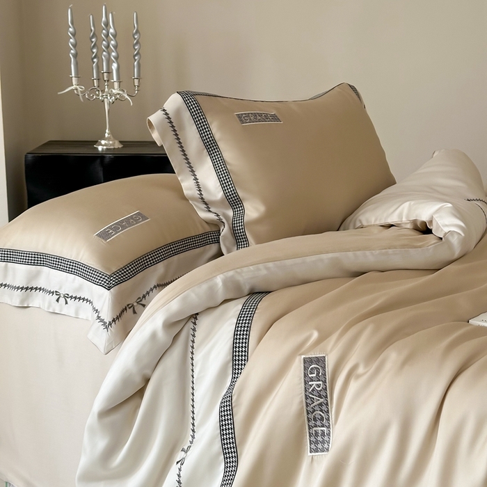 91家纺网 家纺一手货源 找家纺 咏绒家纺2025新款60S奥地利兰精天丝绣花四件套千鸟格-克洛伊 克洛伊-咖