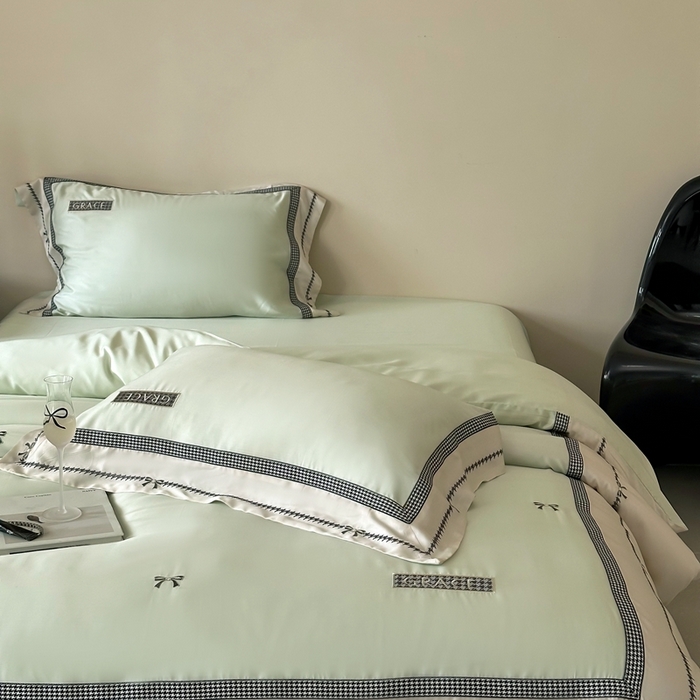 91家纺网 家纺一手货源 找家纺 咏绒家纺2025新款60S奥地利兰精天丝绣花四件套千鸟格-克洛伊 克洛伊-绿