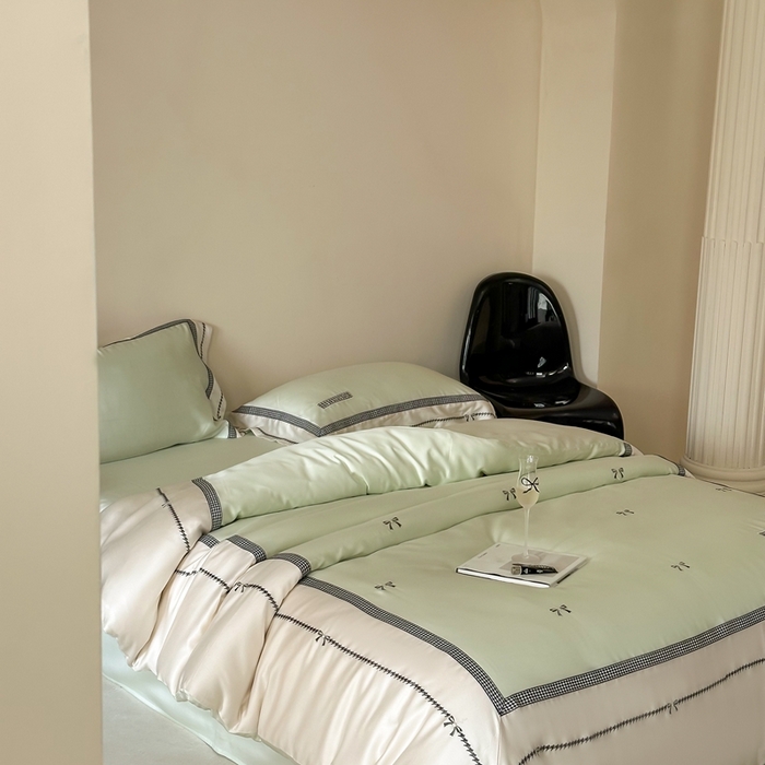 91家纺网 家纺一手货源 找家纺 咏绒家纺2025新款60S奥地利兰精天丝绣花四件套千鸟格-克洛伊 克洛伊-绿