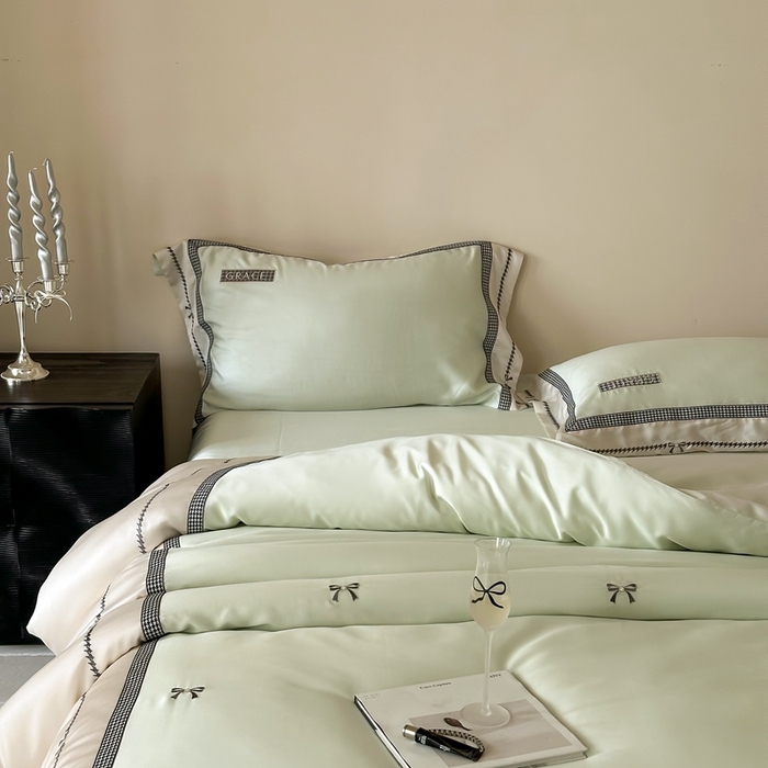 91家纺网 家纺一手货源 找家纺 咏绒家纺2025新款60S奥地利兰精天丝绣花四件套千鸟格-克洛伊 克洛伊-绿