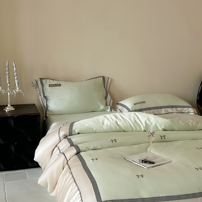 91家纺网 家纺一手货源 找家纺 咏绒家纺2025新款60S奥地利兰精天丝绣花四件套千鸟格-克洛伊 克洛伊-绿