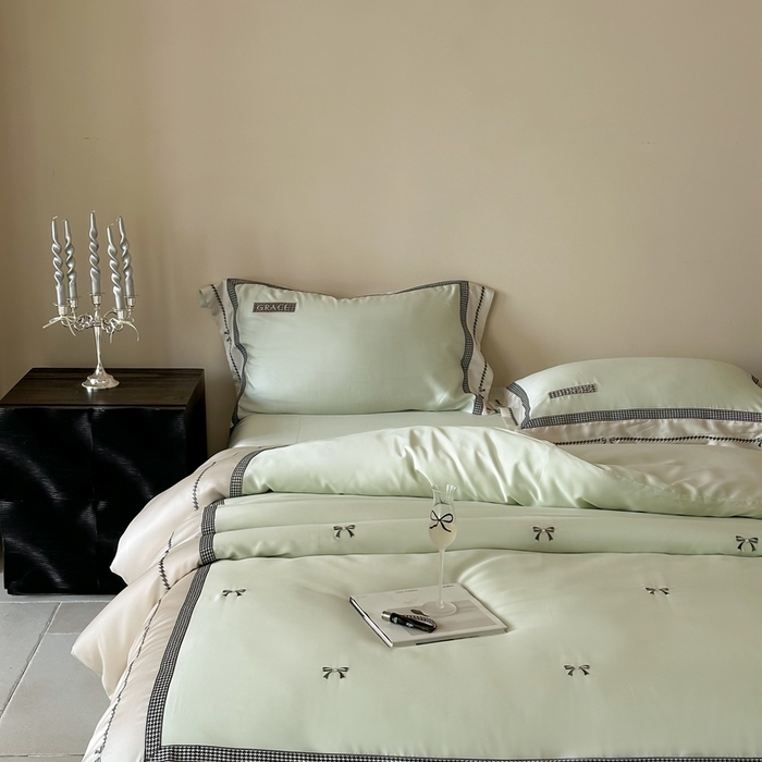 91家纺网 家纺一手货源 找家纺 咏绒家纺2025新款60S奥地利兰精天丝绣花四件套千鸟格-克洛伊 克洛伊-绿