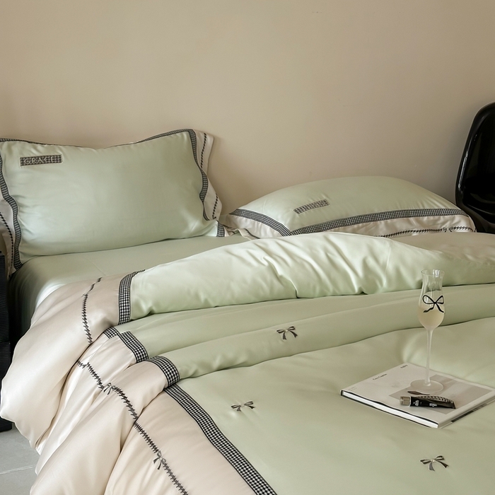 91家纺网 家纺一手货源 找家纺 咏绒家纺2025新款60S奥地利兰精天丝绣花四件套千鸟格-克洛伊 克洛伊-绿