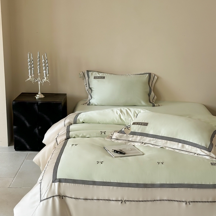 91家纺网 家纺一手货源 找家纺 咏绒家纺2025新款60S奥地利兰精天丝绣花四件套千鸟格-克洛伊 克洛伊-绿