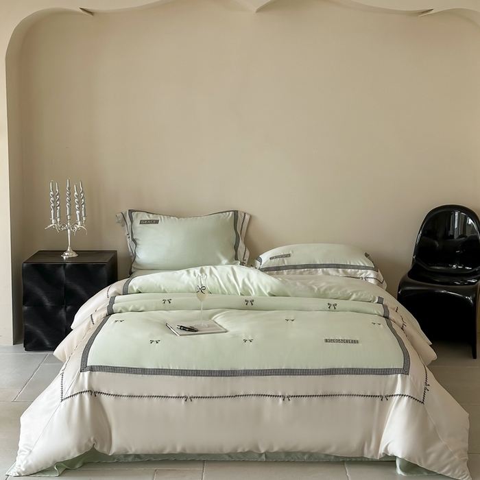 91家纺网 家纺一手货源 找家纺 咏绒家纺2025新款60S奥地利兰精天丝绣花四件套千鸟格-克洛伊 克洛伊-绿