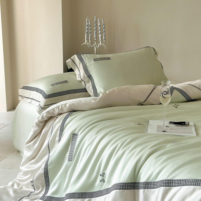 91家纺网 家纺一手货源 找家纺 咏绒家纺2025新款60S奥地利兰精天丝绣花四件套千鸟格-克洛伊 克洛伊-绿