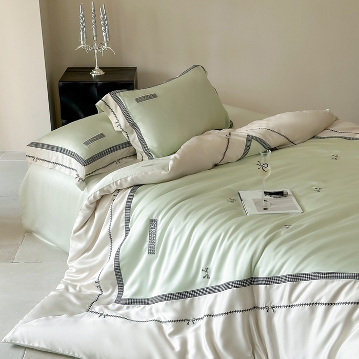 91家纺网 家纺一手货源 找家纺 咏绒家纺2025新款60S奥地利兰精天丝绣花四件套千鸟格-克洛伊 克洛伊-绿