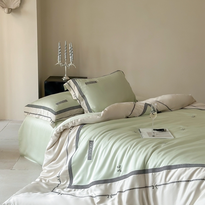 91家纺网 家纺一手货源 找家纺 咏绒家纺2025新款60S奥地利兰精天丝绣花四件套千鸟格-克洛伊 克洛伊-绿