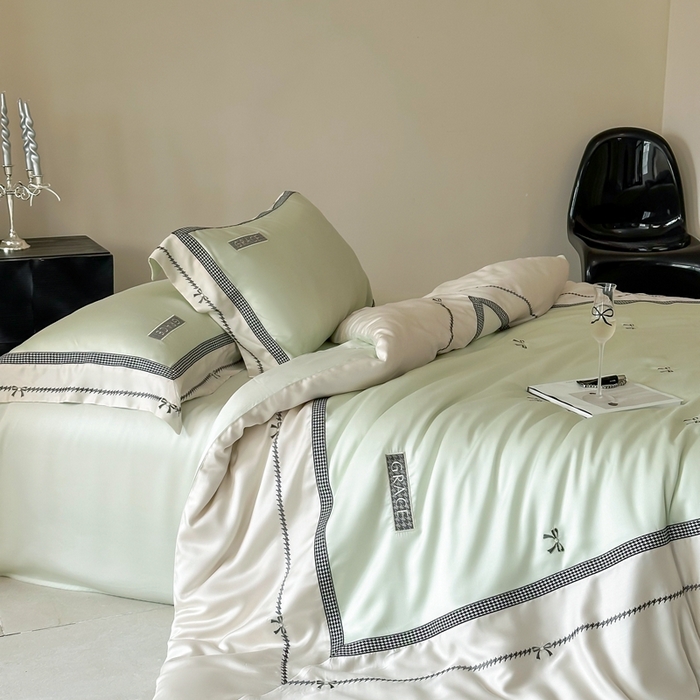 91家纺网 家纺一手货源 找家纺 咏绒家纺2025新款60S奥地利兰精天丝绣花四件套千鸟格-克洛伊 克洛伊-绿