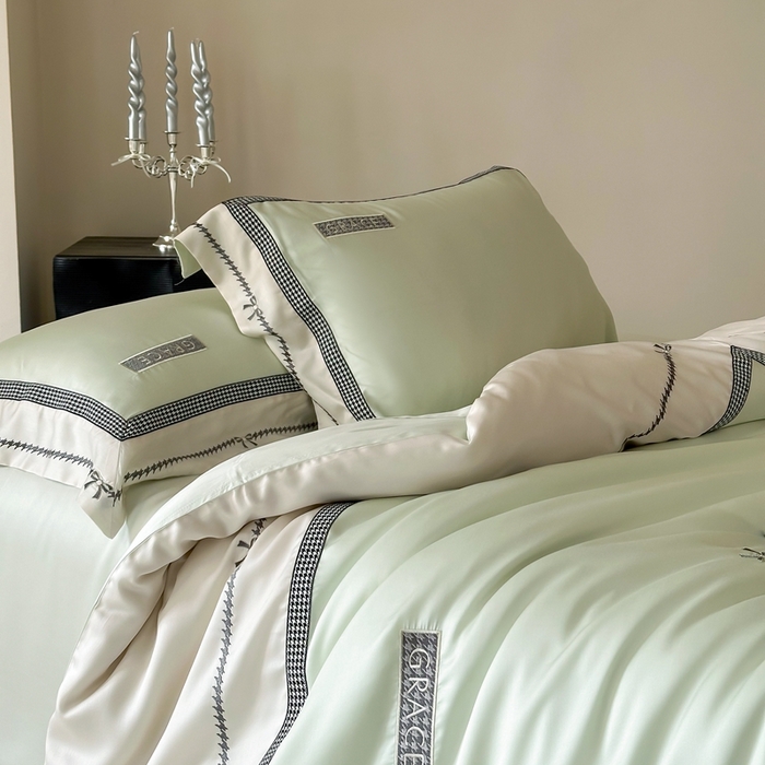 91家纺网 家纺一手货源 找家纺 咏绒家纺2025新款60S奥地利兰精天丝绣花四件套千鸟格-克洛伊 克洛伊-绿