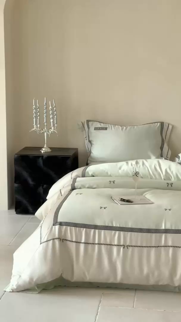 91家纺网 家纺一手货源 找家纺 咏绒家纺2025新款60S奥地利兰精天丝绣花四件套千鸟格-克洛伊 克洛伊-绿