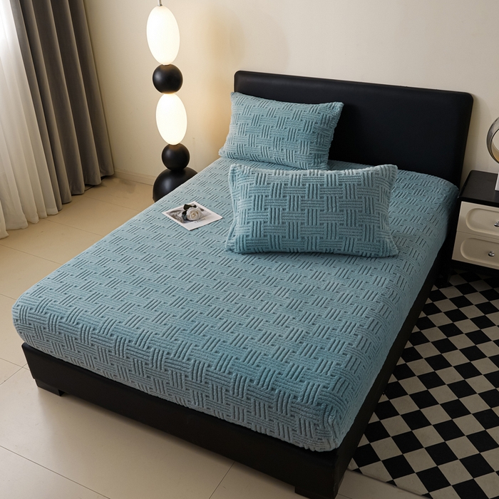 91家纺网 家纺一手货源 找家纺 欧邦2025新款提花舒棉绒塔芙绒床笠跨境-场景一 半岛蓝