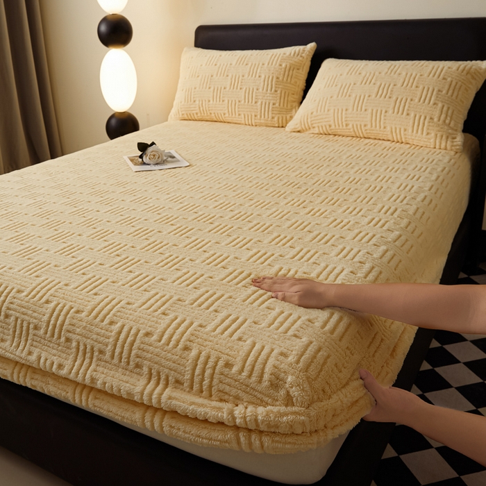 欧邦2025新款提花舒棉绒塔芙绒床笠跨境-场景一 稻香黄