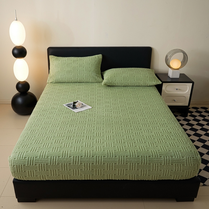 91家纺网 家纺一手货源 找家纺 欧邦2025新款提花舒棉绒塔芙绒床笠跨境-场景一 青木绿