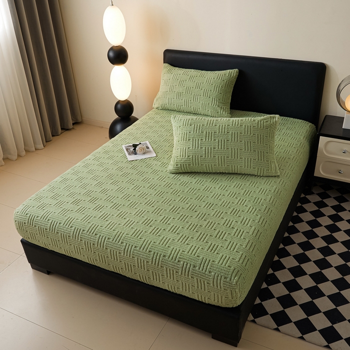 91家纺网 家纺一手货源 找家纺 欧邦2025新款提花舒棉绒塔芙绒床笠跨境-场景一 青木绿