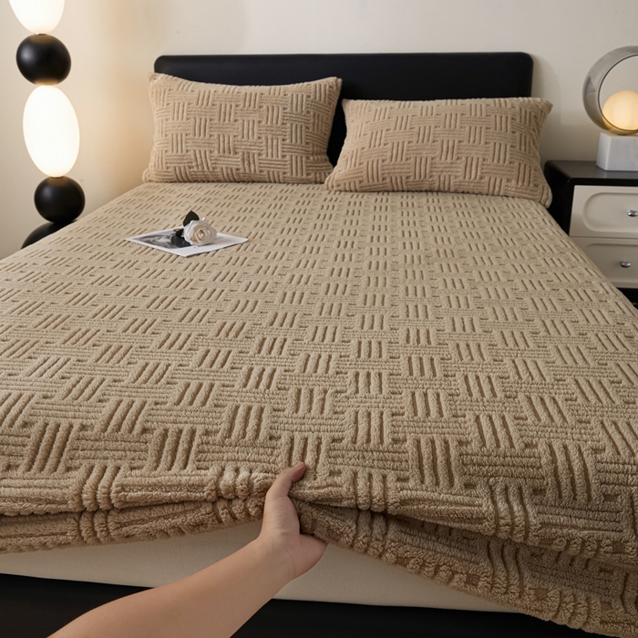 91家纺网 家纺一手货源 找家纺 欧邦2025新款提花舒棉绒塔芙绒床笠跨境-场景一 深卡其