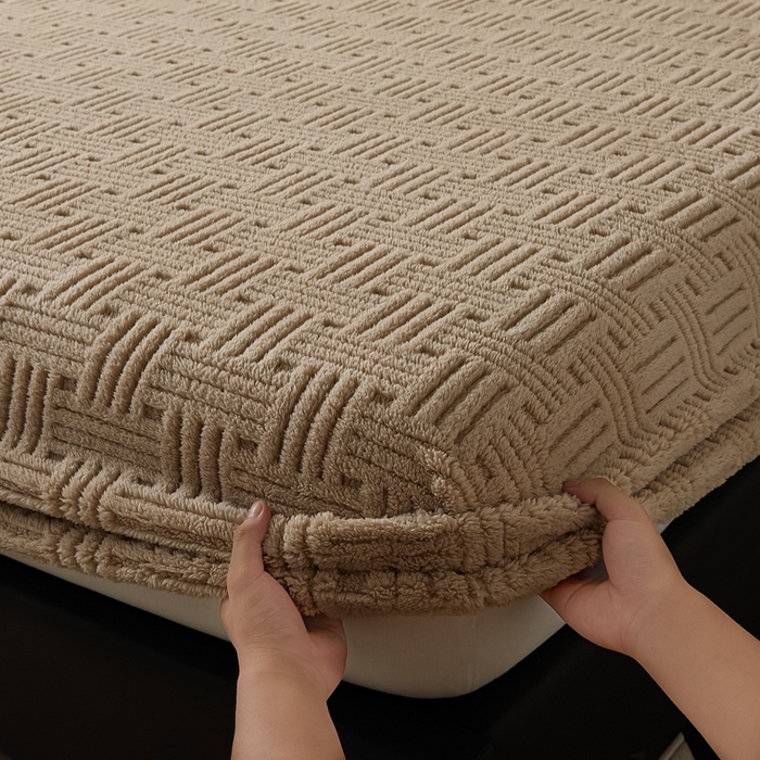 91家纺网 家纺一手货源 找家纺 欧邦2025新款提花舒棉绒塔芙绒床笠跨境-场景一 深卡其