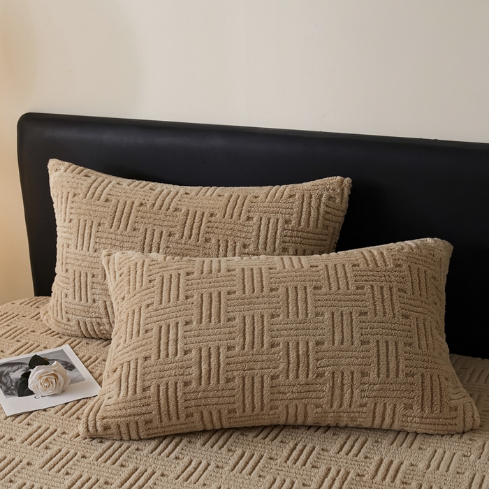 91家纺网 家纺一手货源 找家纺 欧邦2025新款提花舒棉绒塔芙绒床笠跨境-场景一 深卡其