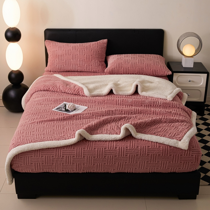 91家纺网 家纺一手货源 找家纺 欧邦2025新款提花舒棉绒塔芙绒床笠跨境-场景一 桃粉色