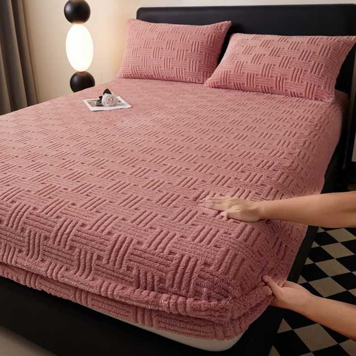 欧邦2025新款提花舒棉绒塔芙绒床笠跨境-场景一 桃粉色
