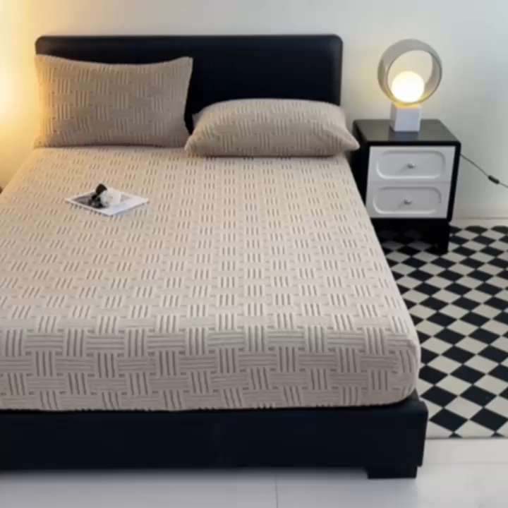 91家纺网 家纺一手货源 找家纺 欧邦2025新款提花舒棉绒塔芙绒床笠跨境-场景一 深卡其