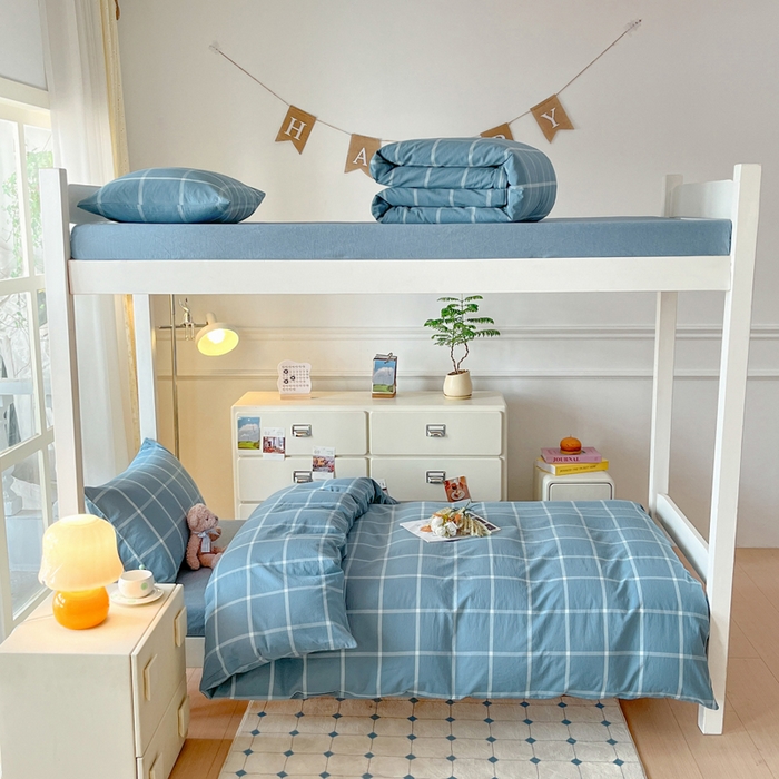 91家纺网 家纺一手货源 找家纺 （总）柠萌家居 2025年最新款学生宿舍全棉无印风A类良品宿舍上下铺三件套