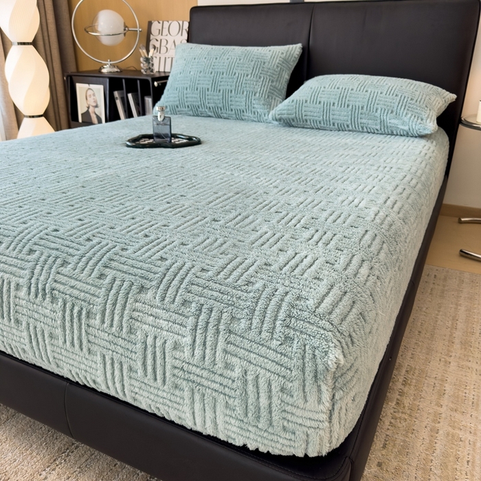 91家纺网 家纺一手货源 找家纺 欧邦2025新款提花舒棉绒塔芙绒床笠跨境-场景二 床笠款-半岛蓝