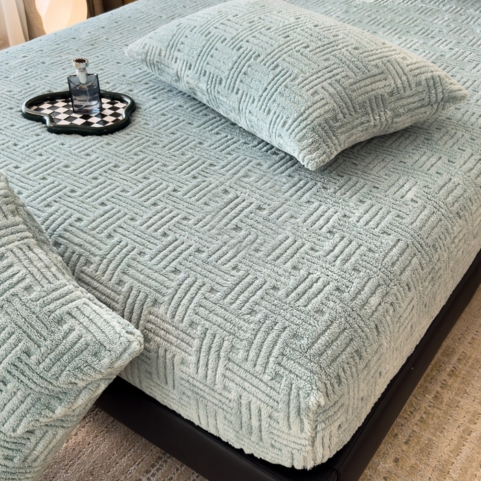 91家纺网 家纺一手货源 找家纺 欧邦2025新款提花舒棉绒塔芙绒床笠跨境-场景二 床笠款-半岛蓝