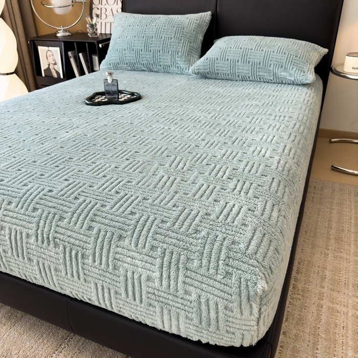 91家纺网 家纺一手货源 找家纺 欧邦2025新款提花舒棉绒塔芙绒床笠跨境-场景二 床笠款-半岛蓝