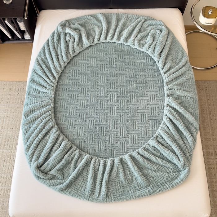 91家纺网 家纺一手货源 找家纺 欧邦2025新款提花舒棉绒塔芙绒床笠跨境-场景二 床笠款-半岛蓝