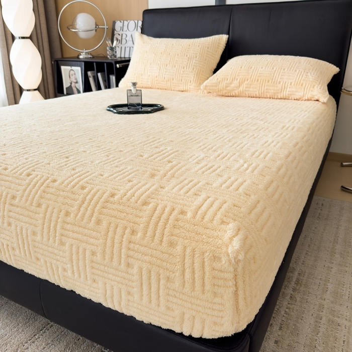 91家纺网 家纺一手货源 找家纺 欧邦2025新款提花舒棉绒塔芙绒床笠跨境-场景二 床笠款-稻香黄