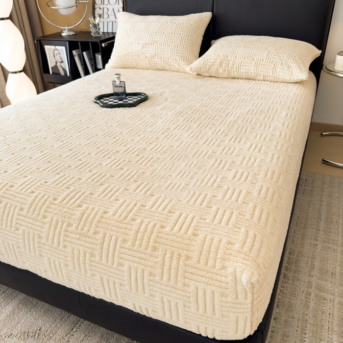 91家纺网 家纺一手货源 找家纺 欧邦2025新款提花舒棉绒塔芙绒床笠跨境-场景二 床笠款-暖米杏